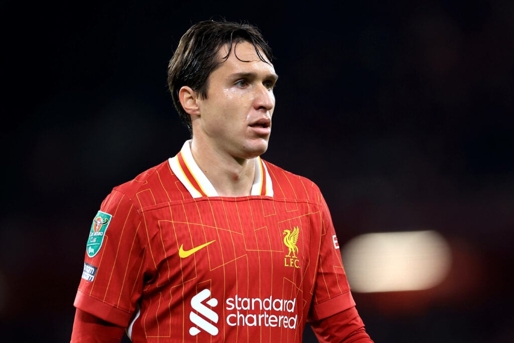 Federico Chiesa in a home Liverpool shirt.