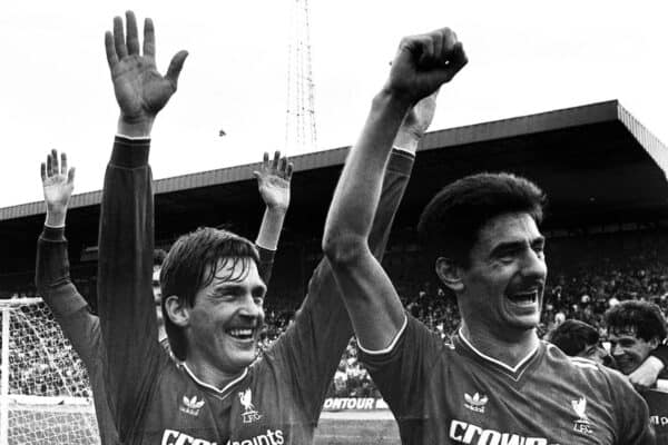 G4JKAR Liverpool player/manager Kenny Dalglish (left) and Ian Rush acknowledge their fans after they defeated Chelsea 1-0 at Stamford Bridge. Dalglish scored the winning goal in the 23rd minute, clinching. the First Division championship for Liverpool. 1986