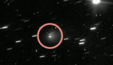 A white dot is circled amid lots of light streaks against a dark background.