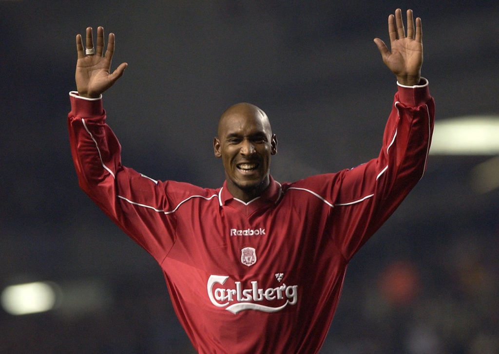 Nicolas Anelka of Liverpool celebrates his goal during the AXA FA Cup Third Round match between Liverpool and Birmingham City at Anfield