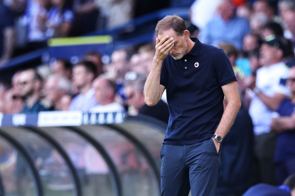 Thomas Tuchel the manager / head coach of Chelsea reacts during the Premier League match between Leeds United and Chelsea FC at Elland Road