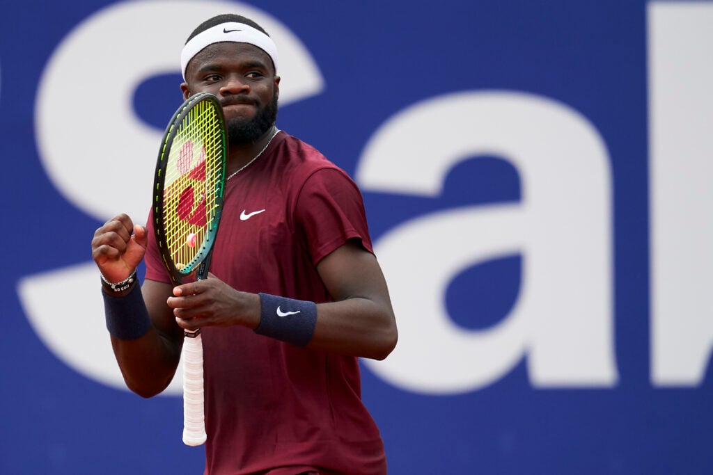 Frances Tiafoe celebrates during his win over Carlos Alcaraz at the 2021 Barcelona Open