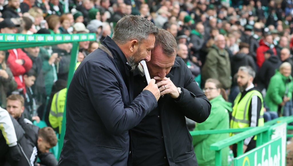 Derek McInnes and Brendan Rodgers are seen during the Cinch Scottish Premiership match between Celtic FC and Kilmarnock FC at Celtic Park Stadium