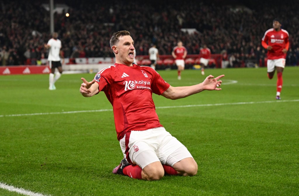 Chris Wood celebrates goal against Liverpool.