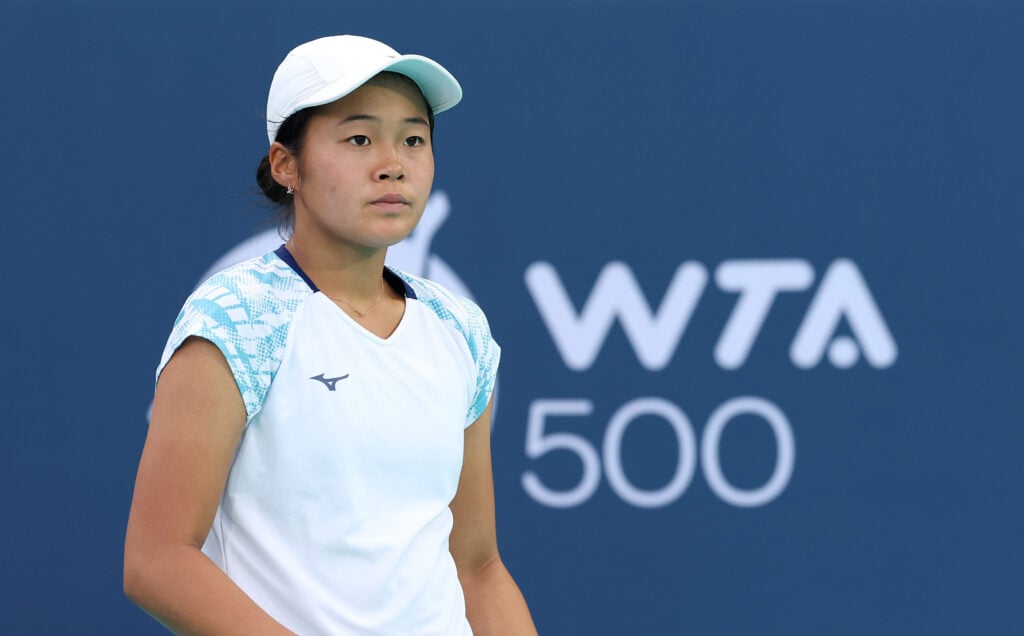 Wakana Sonobe of Japan looks on in her second round match against Ons Jabeur of Tunisia during day four of the Mubadala Abu Dhabi Open, part of the Hologic WTA Tour, at Zayed Sports City.