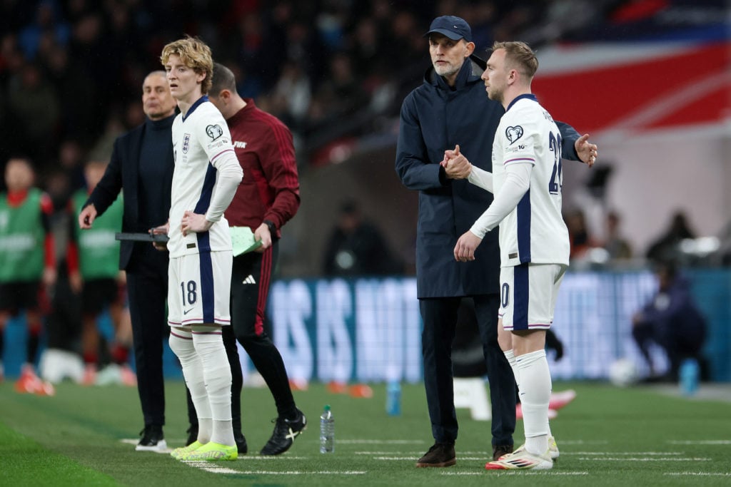 Thomas Tuchel shakes hands with Jarrod Bowen during England's World Cup qualifying win against Albania at Wembley