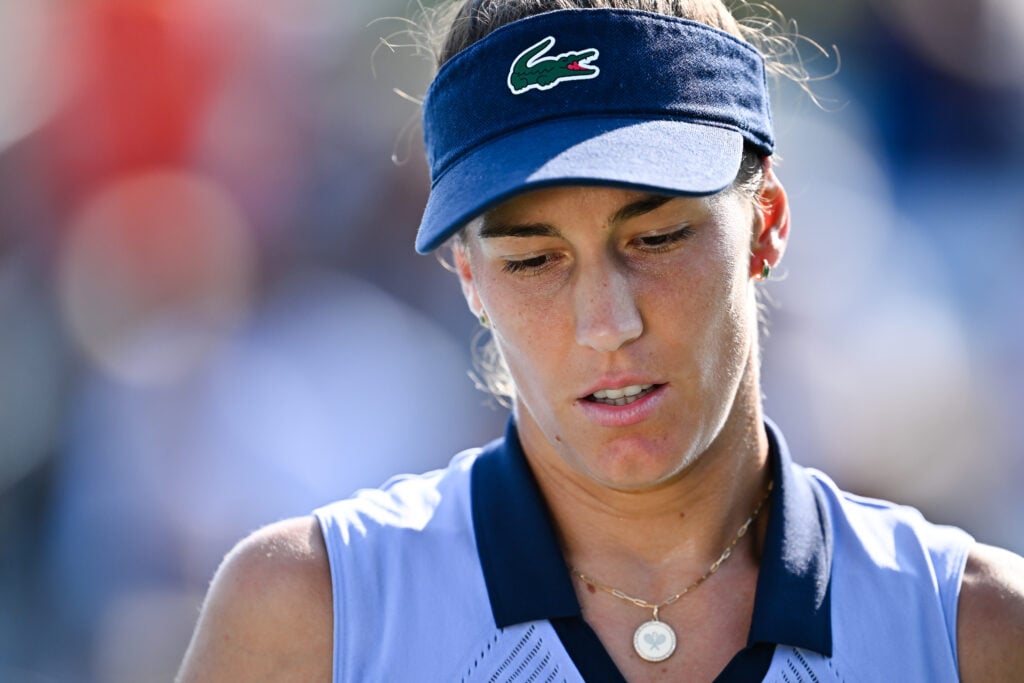 Bernarda Pera of the United States looks on against Camila Osorio of Colombia during their first round match on Day One of the WTA 1000 National Bank Open at IGA Stadium.
