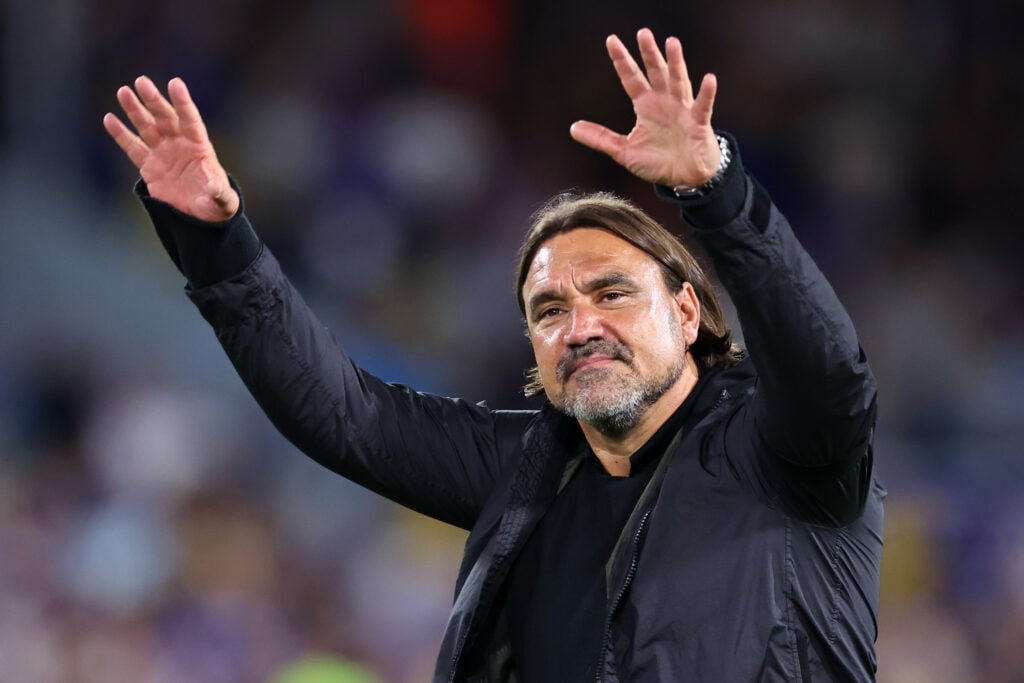 Daniel Farke celebrates after Leeds United beat Everton in the Premier League