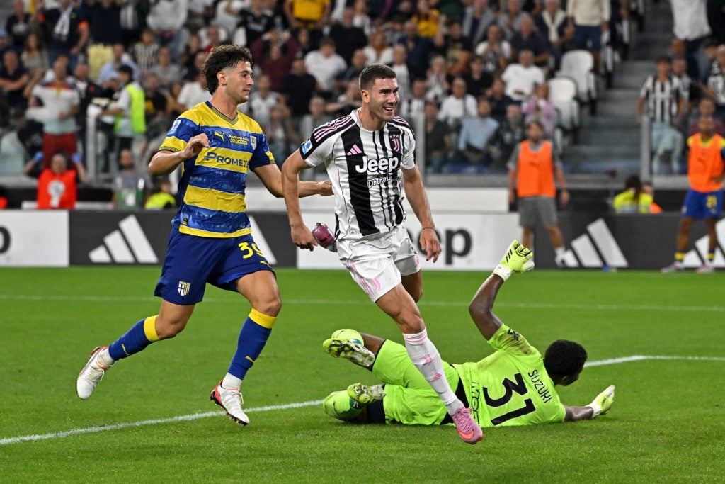Dusan Vlahovic celebrates scoring a goal for Juventus against Parma at Allianz Stadium