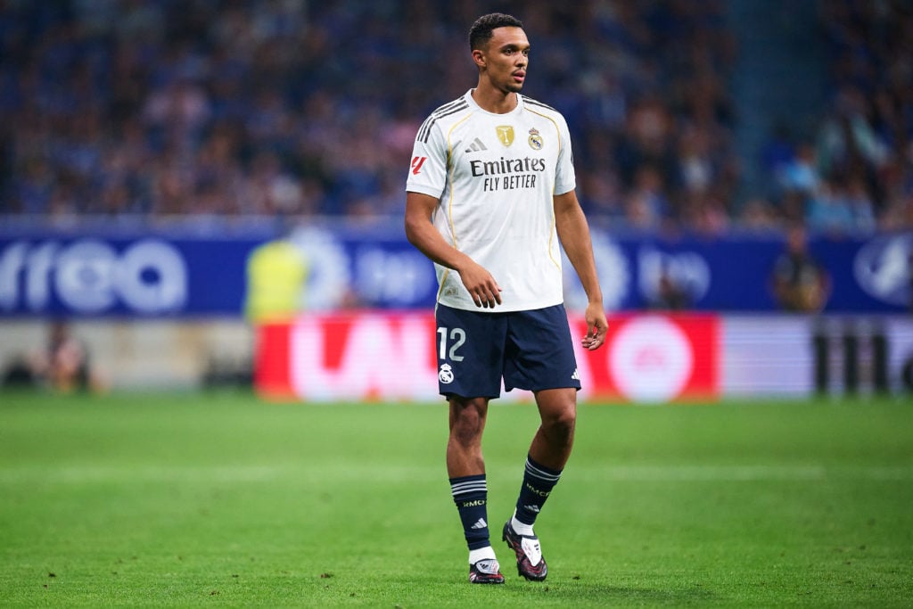 Trent Alexander-Arnold of Real Madrid looks on during the LaLiga EA Sports match between Real Oviedo and Real Madrid CF at Carlos Tartiere.