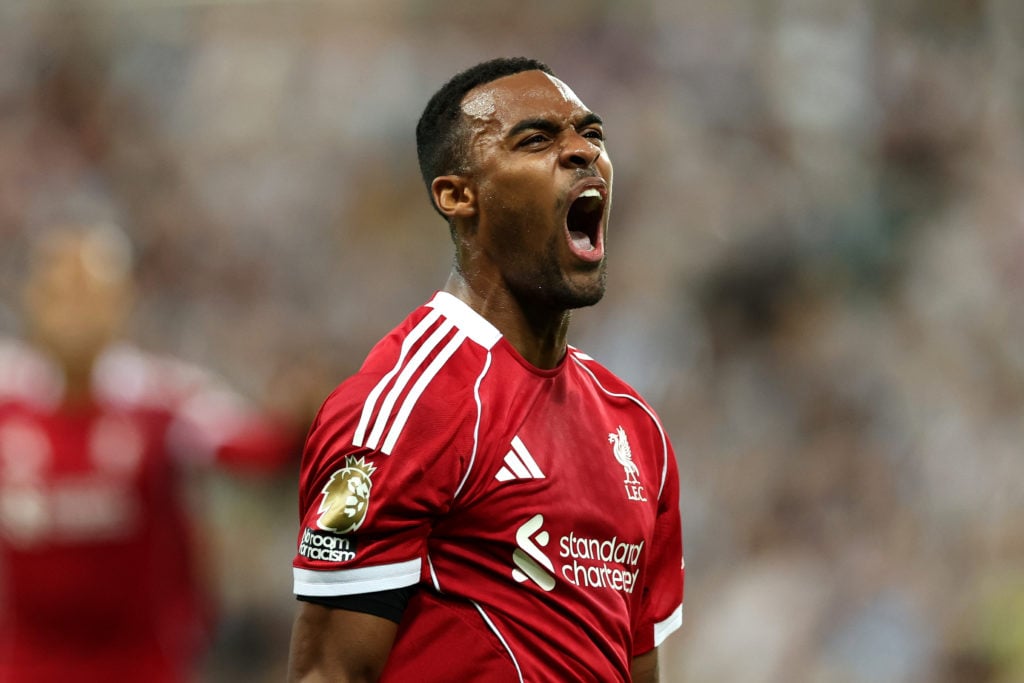 Ryan Gravenberch of Liverpool celebrates scoring his team's first goal during the Premier League match between Newcastle United and Liverpool at St James' Park.