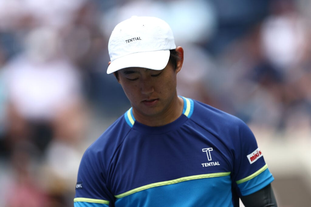 Yoshihito Nishioka of Japan looks on against Frances Tiafoe of the United States during their Men's Singles First Round match on Day Two of the 2025 US Open at USTA Billie Jean King National Tennis Center.