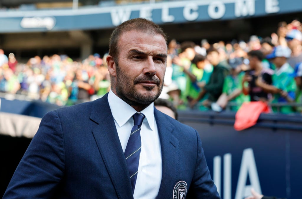 David Beckham looks on prior to Inter Miami's Leagues Cup final match against Seattle Sounders