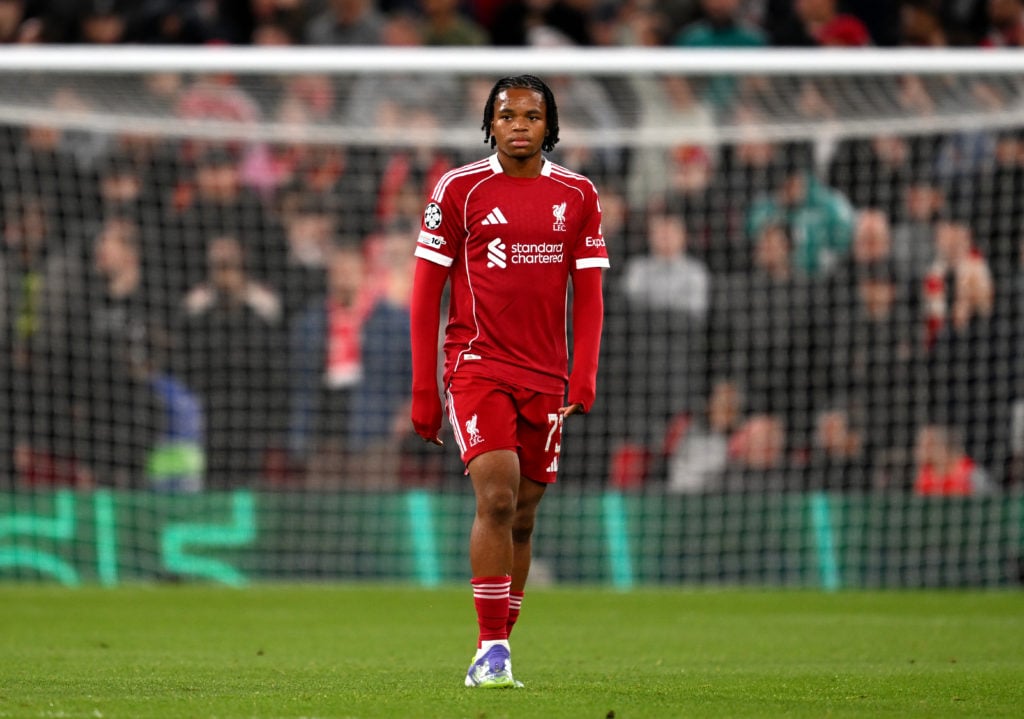 Rio Ngumoha of Liverpool reacts to Atletico de Madrid's second goal scored by Marcos Llorente (not pictured) during the UEFA Champions League 2025/26 League Phase MD1 match between Liverpool FC and Atletico de Madrid at Anfield