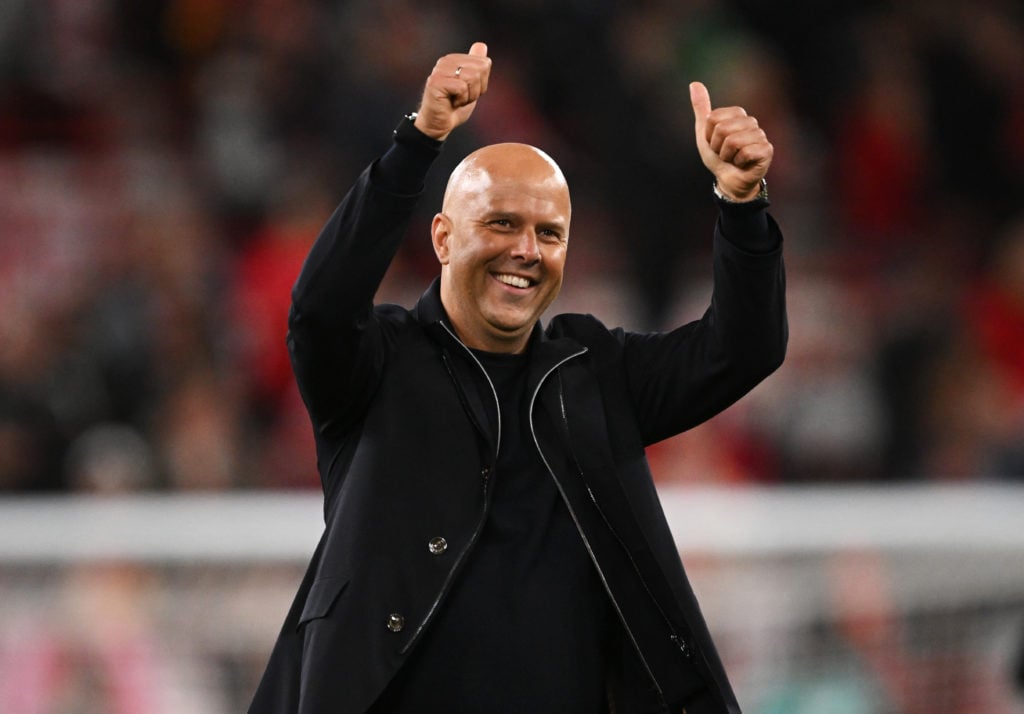Arne Slot, Manager of Liverpool, celebrates victory after the UEFA Champions League 2025/26 League Phase MD1 match between Liverpool FC and Atletico de Madrid at Anfield.