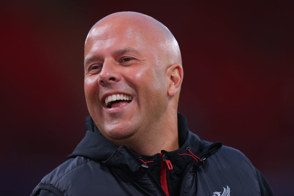 Arne Slot, head coach of Liverpool, reacts during the UEFA Champions League 2025/26 League Phase MD1 match between Liverpool FC and Atletico de Madrid at Anfield.