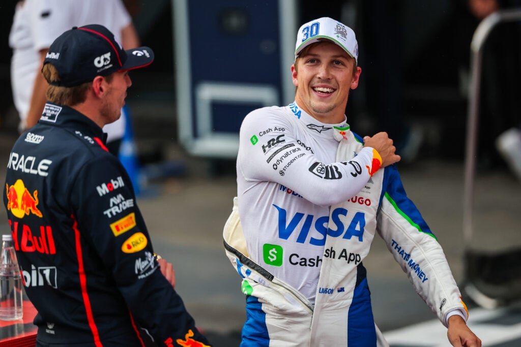 Red Bull driver Max Verstappen and Racing Bulls driver Liam Lawson after qualifying for the 2025 Formula 1 Azerbaijan Grand Prix