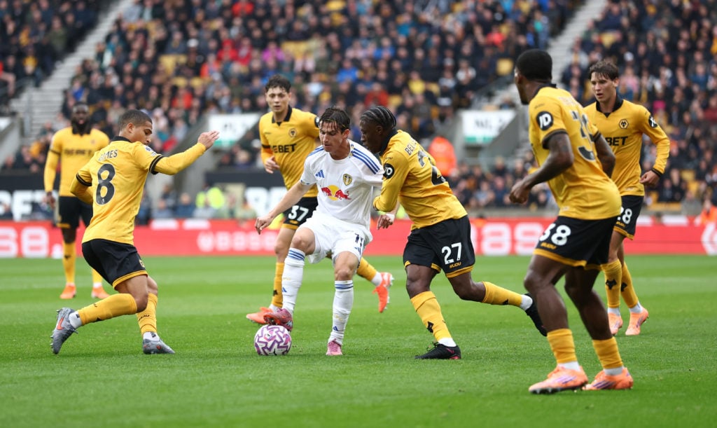 Brenden Aaronson in action for Leeds against Wolves.