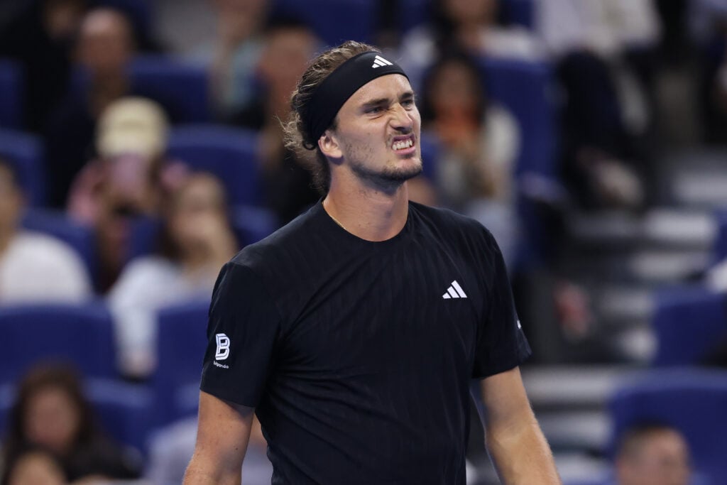 Alexander Zverev of Germany in action against Daniil Medvedev in the Men's Singles Quarter Final match on day 8 of 2025 China Open at National Tennis Center.