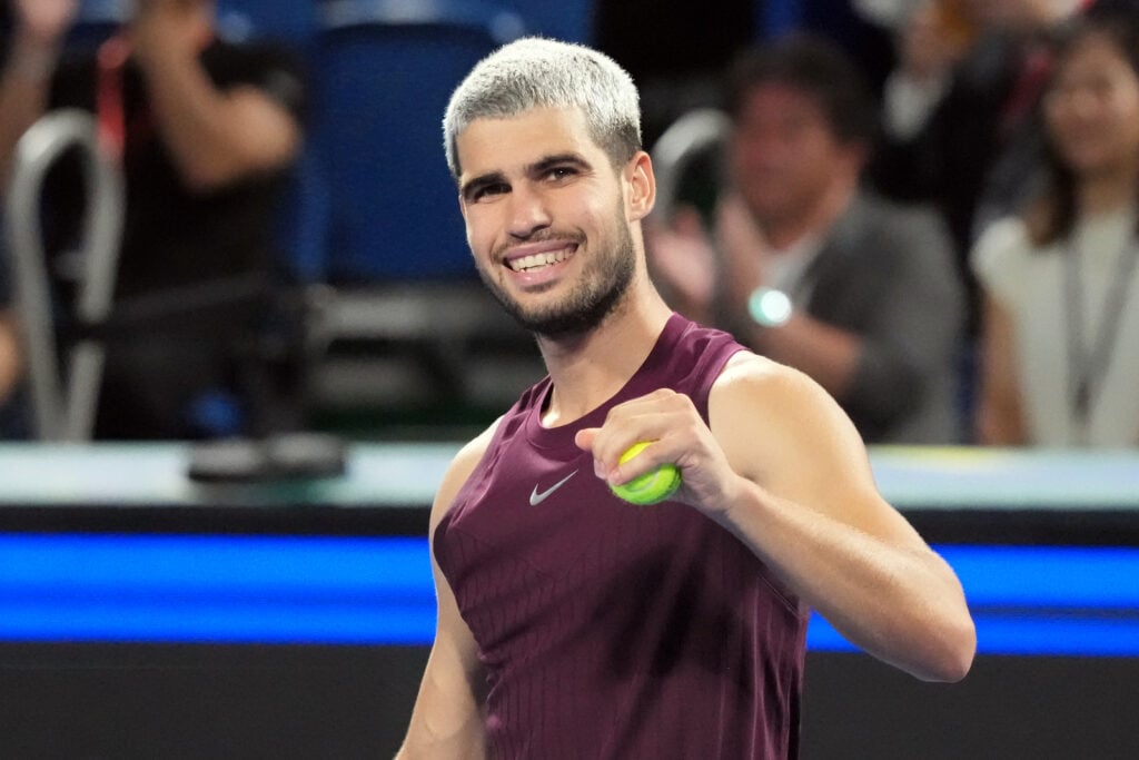 Carlos Alcaraz of Spain celebrates winning against Casper Ruud of Norway during the Singles Semi-Final on day six of Kinoshita Group Japan Open at Ariake Colosseum.