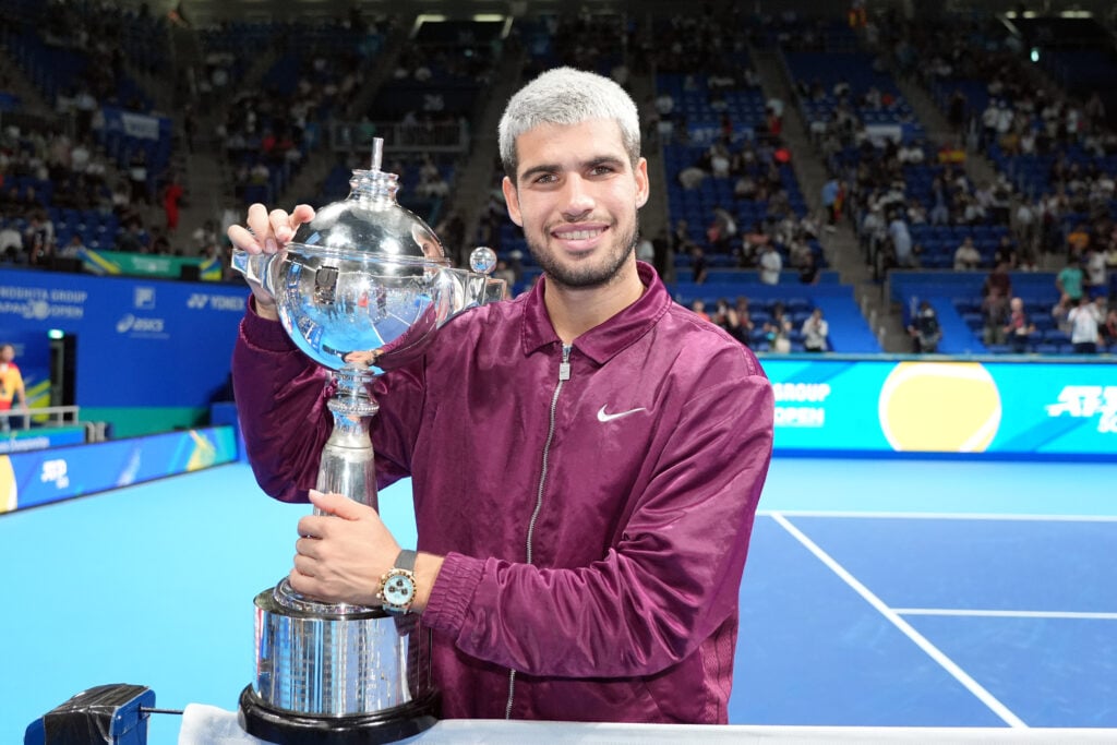 Carlos Alcaraz of Spain poses with the trophy after defeating against Taylor Fritz of United States during the Singles Final on day seven of Kinoshita Group Japan Open at Ariake Colosseum.