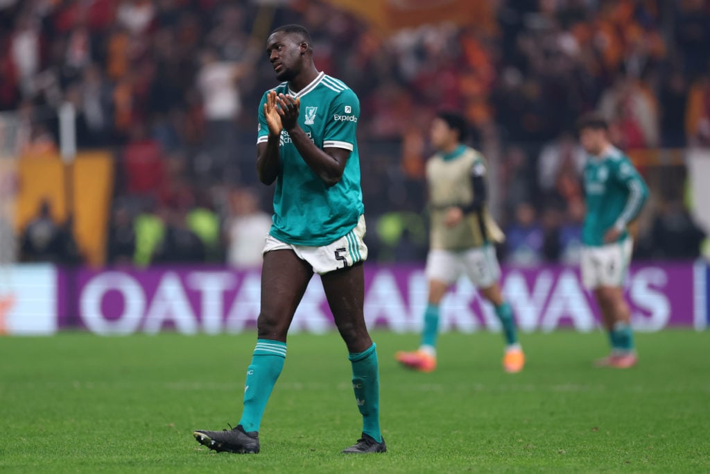 Ibrahima Konate of Liverpool looks dejected after the UEFA Champions League 2025/26 League Phase MD2 match between Galatasaray A.S. and Liverpool FC at Ali Sami Yen Spor Kompleksi