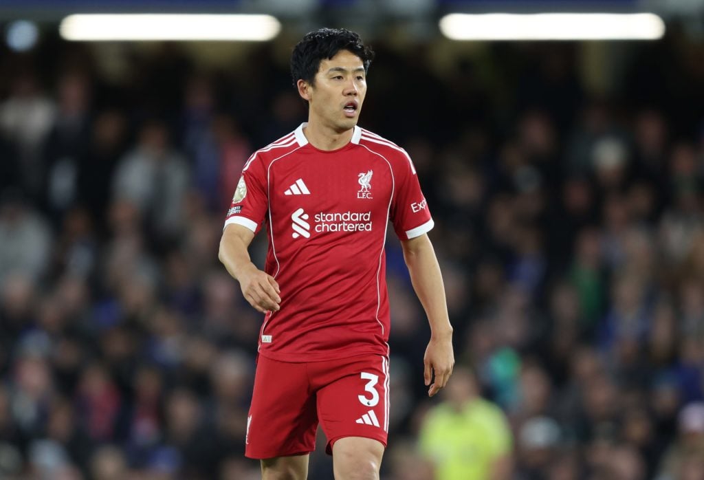 Watru Endo on the pitch for Liverpool against Chelsea in the Premier League at Stamford Bridge.