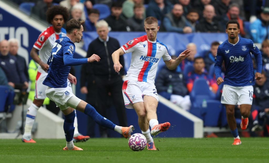Adam Wharton plays a pass during Crystal Palace's Premier League match against Everton at the Hill Dickinson Stadium.