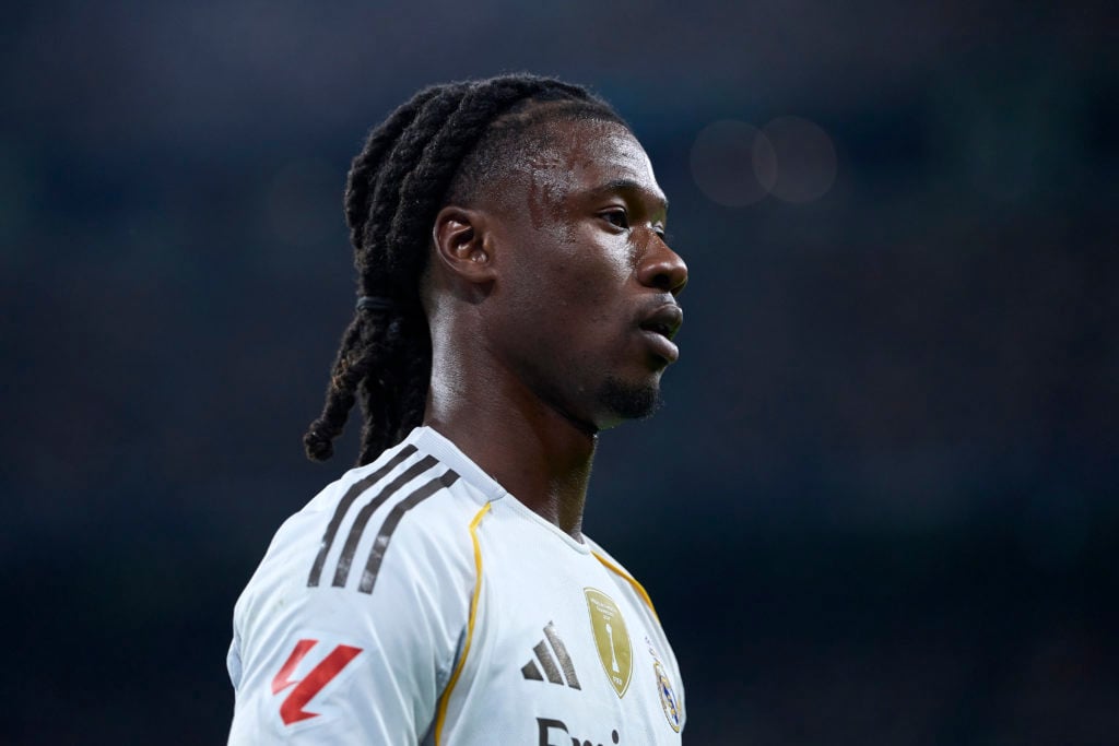 Eduardo Camavinga in action for Real Madrid during a La Liga match against Villarreal at Santiago Bernabeu stadium.