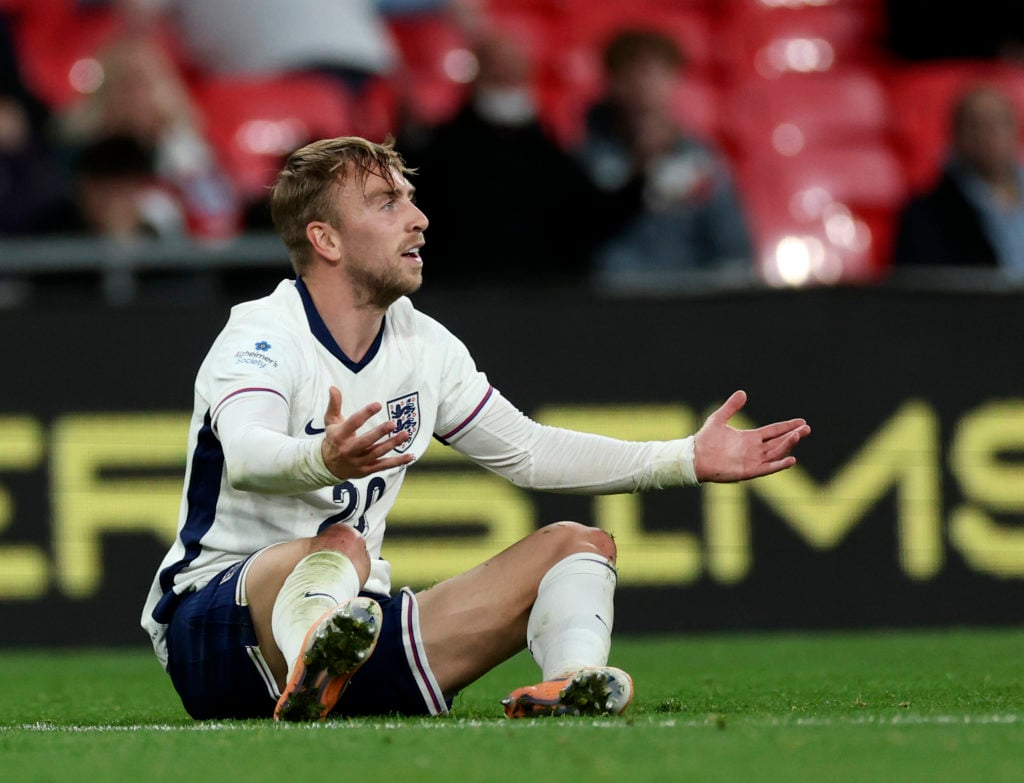Jarrod Bowen reacts on the ground during England's friendly win against Wales at Wembley
