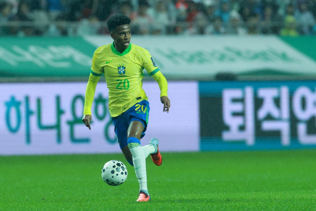 Brazil winger Estevao Willian dribbling with the ball against South Korea in an international friendly.