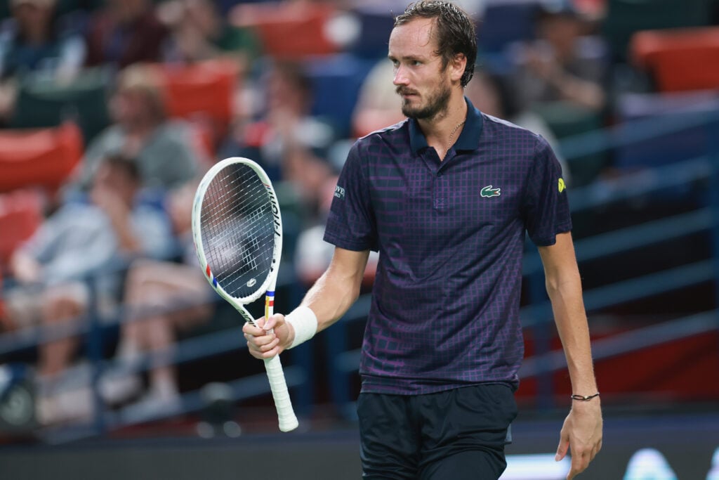 Daniil Medvedev reacts against against Arthur Rinderknech of France in the Men's singles Semifinals on day 13 of the 2025 Shanghai Rolex Masters at Qi Zhong Tennis Center.
