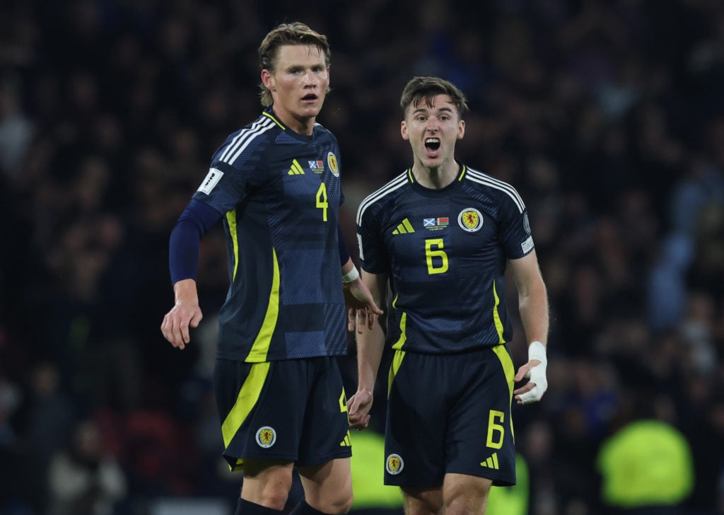Kieran Tierney celebrates Scott McTominay's goal for Scotland against Belarus in a World Cup qualifier at Hampden.