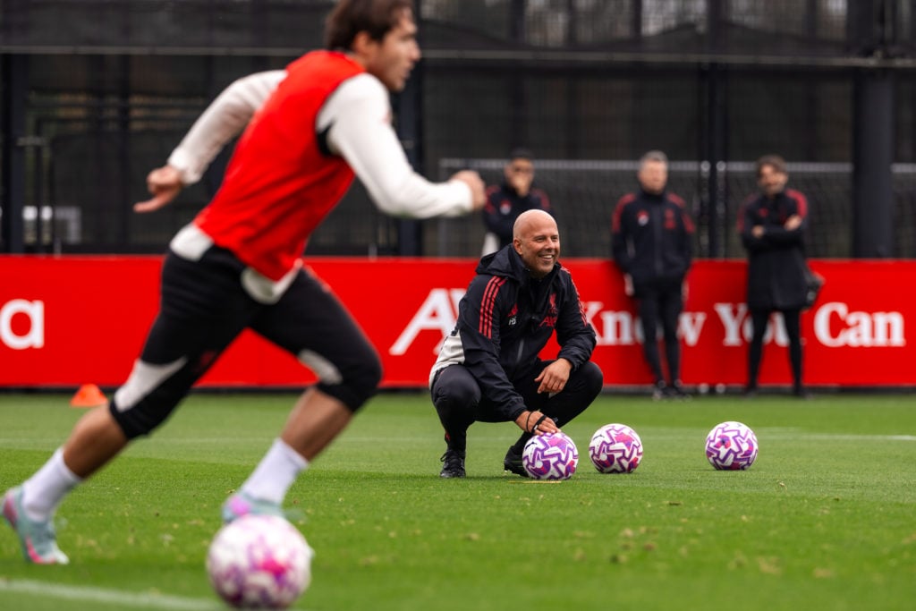 Arne Slot smiles during Liverpool Training Session