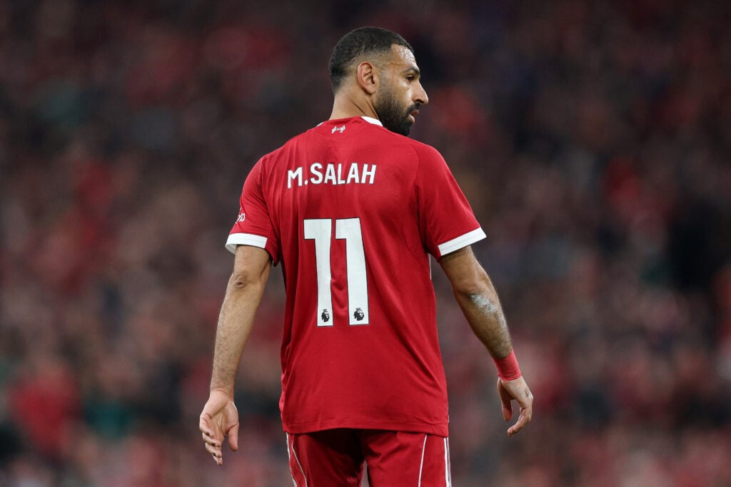Mohamed Salah of Liverpool looks on during the Premier League match between Liverpool and Manchester United at Anfield.
