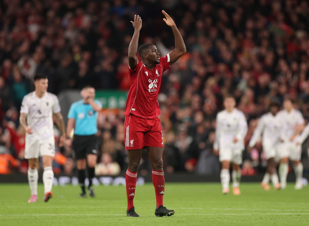 Ibrahima Konate of Liverpool reacts during the Premier League match between Liverpool and Manchester United at Anfield