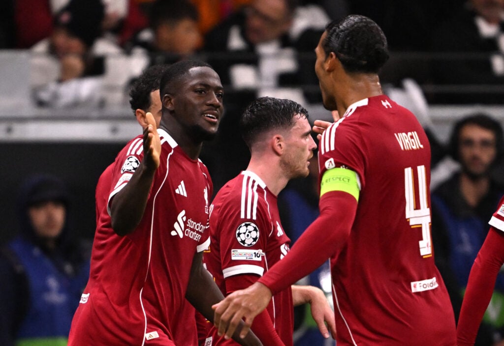Ibrahima Konate celebrates his goal against Eintracht Frankfurt in the UEFA Champions League with Liverpool teammate Virgil van Dijk.
