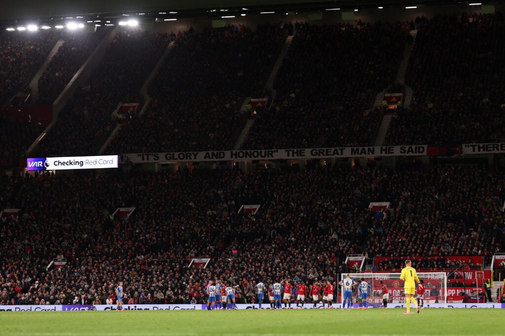 VAR checks on a red card during the Premier League match between Manchester United and Brighton and Hove Albion at Old Trafford in 2025 in Manchester, England.