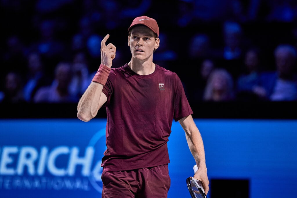 Jannik Sinner of Italy reacts on court during his match against Alexander Zverev of Germany during day 9 of the Erste Bank Open 2025 at the Wiener Stadthalle.
