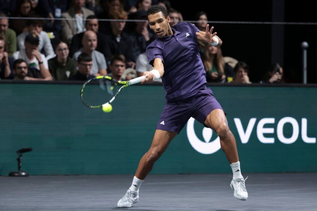 Felix Auger-Aliassime of Canada during his first round match against Francisco Comesana of Argentina on day two of the Rolex Paris Masters 2025, an ATP 1000 tennis tournament at Paris Defense Arena.
