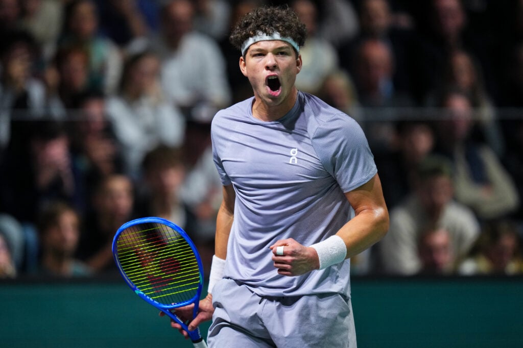 Ben Shelton reacts at the Paris Masters.