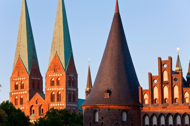Holstein Gate and St. Mary's church spires in Lubeck