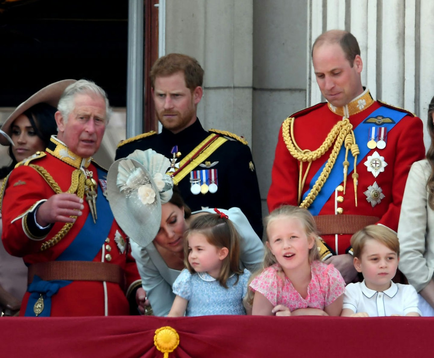 Prince Charles, Prince of Wales, Prince Harry, Duke of Sussex, Catherine, Duchess of Cambridge, Prince William, Duke of Cambridge, Princess Charlotte of Cambridge, Savannah Phillips and Prince George of Cambridge on the balcony of Buckingham Palace during Trooping the Colour