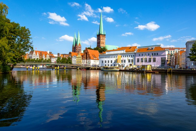Skyline of Lübeck Along River Trave, Schleswig-Holstein, Germany