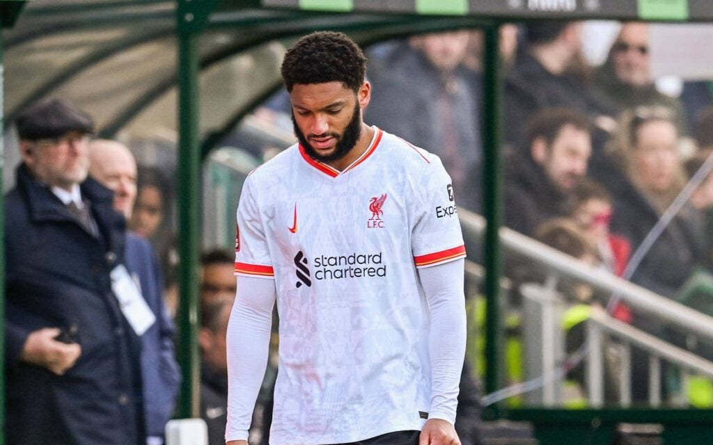 Joe Gomez on the touchline for Liverpool