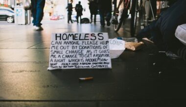 A sign on a street by a homeless person asking for donations of small change