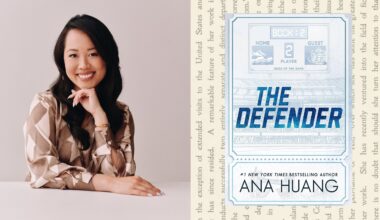a split image of author ana huang's headshot and the cover of her book the defender