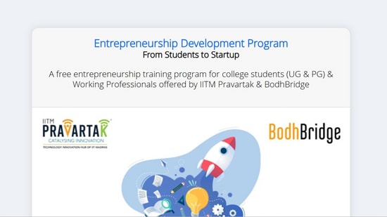 IIT Madras Pravartak, BodhBridge are collaborating to offer free entrepreneurship programs for students and working professionals. (Image source: bodhbridge.iitmpravartak.org.in) IIT Madras Pravartak, BodhBridge are collaborating to offer free entrepreneurship programs for students and working professionals. (Image source: bodhbridge.iitmpravartak.org.in)
