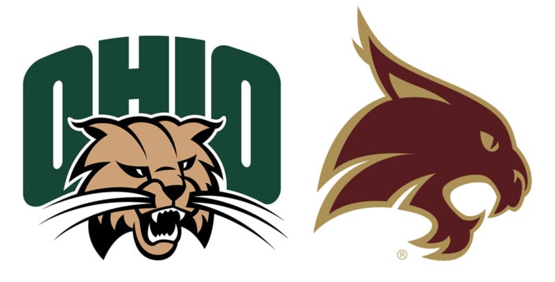Two college sports logos: on the left, a fierce bobcat face with "OHIO" written above in green; on the right, a maroon and gold side profile of a bobcat head.