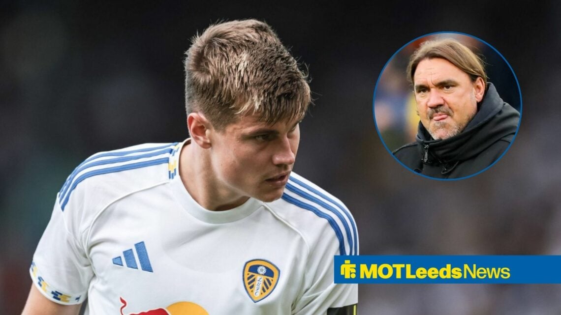 Leeds star Jaka Bijol looking down, Daniel Farke in inset.